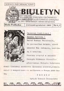 Biuletyn : organ Zarządu Głównego Niepodległościowego Związku Zołnierzy Armii Krajowej : serwis informacyjny "S" (II) R. 3 (1999) nr 6-7 (listopad - grudzień)