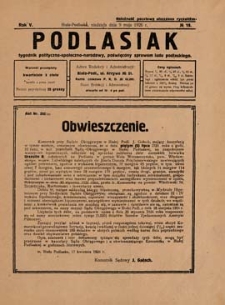 Podlasiak : tygodnik polityczno-społeczno-narodowy, poświęcony sprawom ludu podlaskiego R. 5 (1926) nr 19