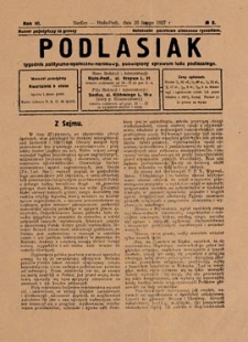 Podlasiak : tygodnik polityczno-społeczno-narodowy, poświęcony sprawom ludu podlaskiego R. 6 (1927) nr 8