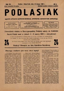 Podlasiak : tygodnik polityczno-społeczno-narodowy, poświęcony sprawom ludu podlaskiego R. 7 (1928) nr 8