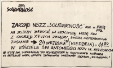 Plakat : NSZZ "Solidarność". Oddział Biała Podlaska ma okazję zaprosić na uroczystą mszę świętą z okazji 15-lecia związku...