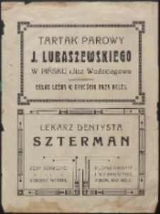 Ulotka : [Inc.:] Tartak parowy J. Lubaszewskiego w Pińsku. Skład leśny w Brześciu przy kolei. Dentysta Szterman