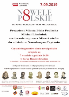 Afisz: [Inc.:] Prezydent Miasta Biała Podlaska Michał Litwiniuk serdecznie zaprasza Mieszkańców do udziału w czytaniu...