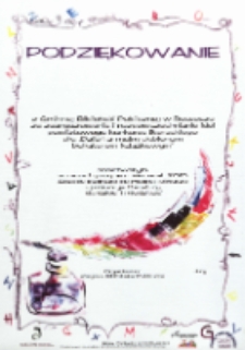 Druk ulotny : [Inc.] Podziękowane [...] z Gminnej Biblioteki Publicznej w Rossoszu za zaangażowanie i rozpowszechnianie idei powiatowego konkursu plastycznego ph. „Dzień z moim ulubionym bohaterem książkowym"
