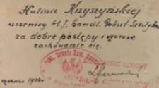 Dedykacja do nagrody : [Inc.: ]Halinie Knyszyńskiej uczennicy kl. I. handlowej Dokształcajacej Szkoły Zawodowej...