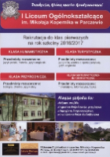 Ulotka : [Inc.:] I Liceum Ogólnokształcące im. Mikołaja Kopernika w Parczewie. Rekrutacja 2016/2017