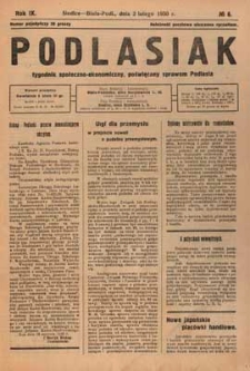 Podlasiak : tygodnik polityczno-społeczno-narodowy, poświęcony sprawom ludu podlaskiego R. 9 (1930) nr 6