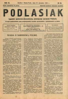 Podlasiak : tygodnik polityczno-społeczno-narodowy, poświęcony sprawom ludu podlaskiego R. 9 (1930) nr 35