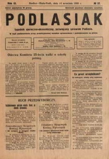 Podlasiak : tygodnik polityczno-społeczno-narodowy, poświęcony sprawom ludu podlaskiego R. 9 (1930) nr 37