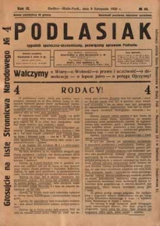 Podlasiak : tygodnik polityczno-społeczno-narodowy, poświęcony sprawom ludu podlaskiego R. 9 (1930) nr 45