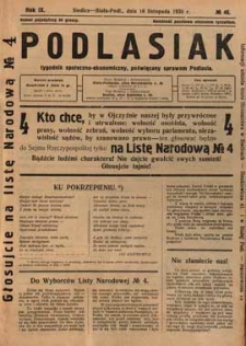 Podlasiak : tygodnik polityczno-społeczno-narodowy, poświęcony sprawom ludu podlaskiego R. 9 (1930) nr 46