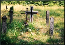 Cmentarzei miejsca pamięci w pow. Biała Podlaska : gm. Biała Podlaska: mogiła ziemna z dwoma krzyżami w lesie Grabarka : fotografia