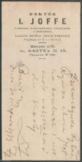 Druk firmowy : [Inc.:] I. Joffe. Choroby wewnętrzne, dziecinne i nerwowe [...] Brześć n/Bugiem. Ul. Krzywa nr 42