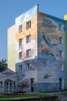 Fragment muralu nad siedzibą Sali Tradycji Lotniczych Południowego Podlasia w bloku przy ul. Sidorskiej w Białej Podlaskiej [fotografia]