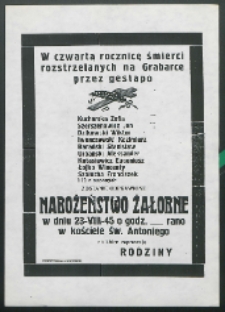 Ulotka : [Inc.:] W czwartą rocznicę śmierci rozstrzelanych na Grabarce przez Gestapo [...] zostanie odprawione nabożeństwo żałobne w dn. 23 VIII 1945 [...]