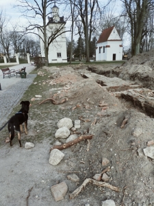 Prace wykopaliskowe w "parku radziwiłłowskim" - 10 kwietnia 2021 r. [fotografia]