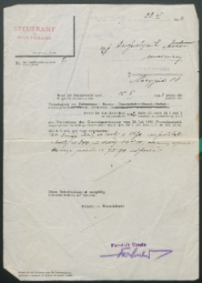 [Pismo urzędowe]: [Inc.:]Steuremat in Biala Podlaska, Biala Podlaska, 23 XI 1943. An pan Augustynik Antoni mierniczy in Biala Podlaska Stacyjna 10 &uuml;ber die Beschwerde vom 15.X. 1943 gegen die Veranlagung zur Umsatz [...] = Urząd Skarbowy w Białej Podlaskiej, Biała Podlaska, 23 XI 1943. Do pana Augustynika Antoniego mierniczego w Białej Podlaskiej ul. Stacyjna 10 w sprawie skargi z dnia 15.X. 1943 r. na tle oceny sprzedaży [...]​