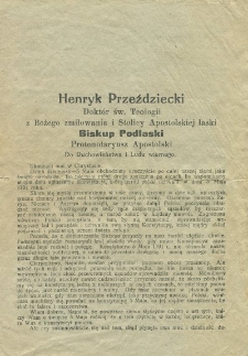 Henryk Przeździecki Doktór św. Teologii z Bożego zmiłowania i Stolicy Apostolskiej łaski Biskup Podlaski Protonotaryusz Apostolski Do Duchowieństwa i Ludu wiernego
