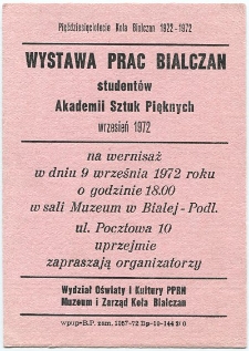 Wystawa prac bialczan studentów Akademii Sztuk Pięknych 1922-1972, wrzesień 1922 : [zaproszenie]