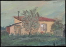 Budynek murowany przy Pułaskiego, gospodarczy. Wersja kolorowa na podstawie szkicu ołówkowego.