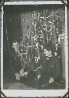 Fotografie z albumu rodziny Stanisławy Ladwiniec z Białej Podlaskiej : rodzeństwo Stanisława i kazimierz Ladwińcowie przy choince