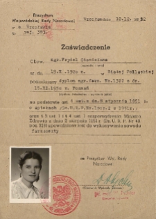 Zaświadczenie o wykonywaniu zawodu farmaceuty Stanisławy Frydel