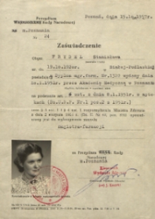 Pozwolenie na zatrudnienie w zawodzie farmaceuty Stanisławy Frydel