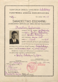 Świadectwo egzaminu ukończenia gimnazjum ogólnokształcącego