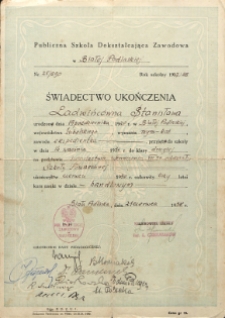 Świadectwo ukończenia 3-letniego kursu w dziale handlowym Stanisławy Ladwiniec