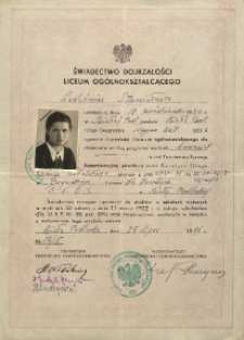 Świadectwo dojrzałości liceum ogólnokształcącego Stanisławy Ladwiniec