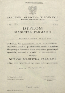 Dyplom magistra farmacji Stanisławy z Ladwinców Frydlowej (odpis)