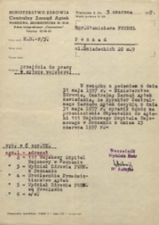 Zgoda na przeniesienie do pracy w aptece wojskowej Stanisławy Frydel