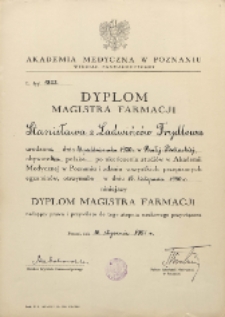 Dyplom magistra farmacji Stanisławy z Ladwinców Frydlowej (oryginał)
