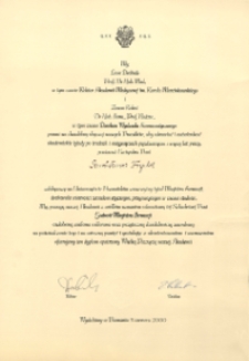 Dyplom odnowienia Godności Magistra Farmacji Stanisławy Frydel