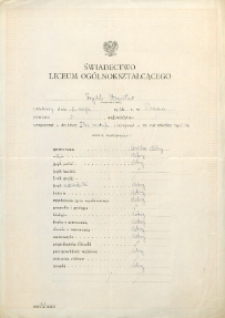 Świadectwo liceum ogólnokształcącego Stanisława Frydla