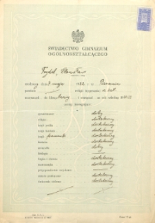 Świadectwo gimnazjum ogólnokształcącego Stanisława Frydla