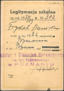 Legitymacja szkolna Stanisława Frydla Gimnazjum Humanistycznego