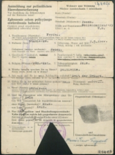 Zgłoszenie celem policyjnego stwierdzenia ludności Stanisława Frydla
