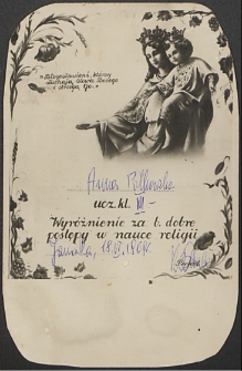 Wyróżnienie za bardzo dobre postępy w nauce religii Anny Polkowskiej – kl. III