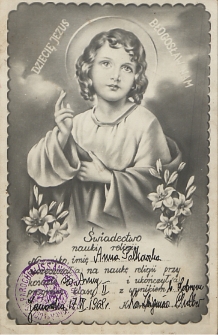 Świadectwo nauki religii Anny Polkowskiej – kl. II