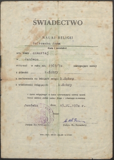 Świadectwo nauki religii Anny Polkowskiej – IV