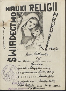 Świadectwo nauki religii Anny Polkowskiej – kl. V