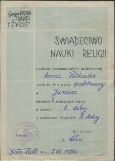 Świadectwo nauki religii Anny Polkowskiej – kl. VIII