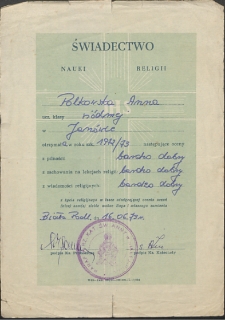 Świadectwo nauki religii Anny Polkowskiej – kl. VII