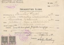 Świadectwo ślubu Stanisława Frydla i Stanisławy Ladwiniec