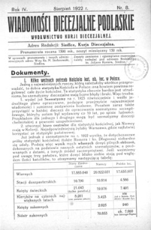 Wiadomości Diecezjalne Podlaskie R. 4 (1922) nr 8