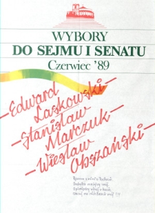 Plakat wyborczy kandydatów do Sejmu i Senatu : Edward Laskowski, Stanisław Marczuk, Wiesław Obszański