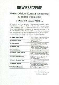 Obwieszczenie Wojewódzkiej Komisji Wyborczej w Białej Podlaskiej z dnia 13 maja 1989 r.o kandydatach na senatorów wybieranych w okręgu wyborczym obejmującym województwo bialskopodlaskie