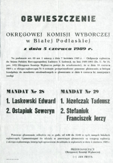 Obwieszczenie Okręgowej Komisji Wyborczej w Białej Podlaskiej o przeprowadzeniu ponownego głosowania w okręgu wyborczym nr 8 w dniu 18 czerwca 1989 do nieobsadzonych mandatów nr 28 i 29
