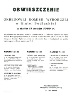 Obwieszczenie Okręgowej Komisji Wyborczej w Białej Podlaskiej z dnia 11 maja 1989 roku o kandydatach na posłów wybieranych w okręgu wyborczym nr 8